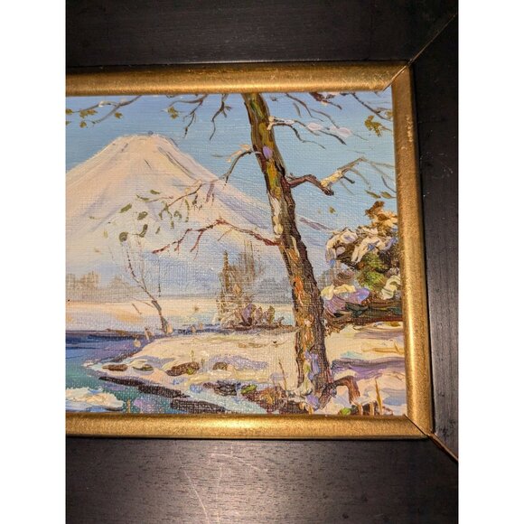 Set Of 4 Hand-Painted Mount Fuji Seasonal Scenes in Black & Gold Wooden Frames - Picture 11 of 16
